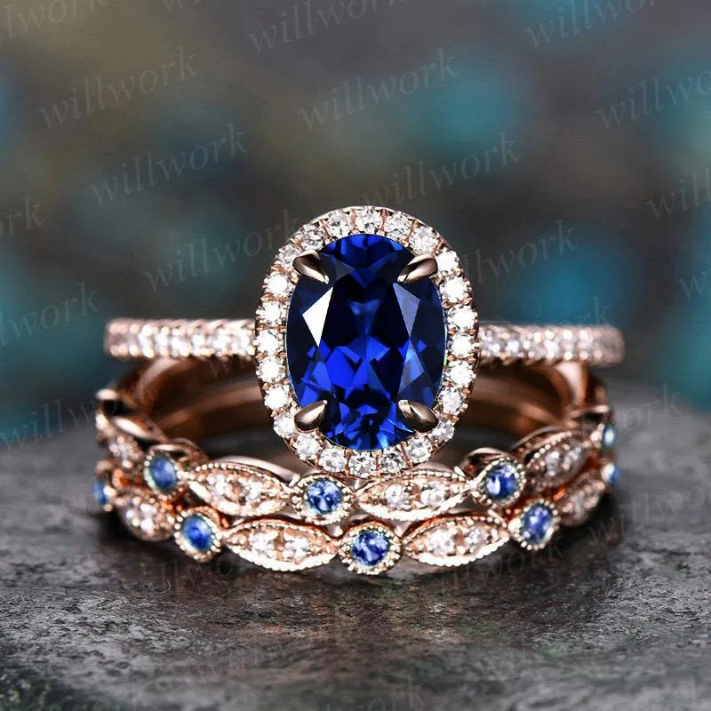 3pcs blue sapphire ring vintage sapphire engagement ring set rose gold for women diamond halo natural sapphire wedding band bridal ring set made by Willwork Jewelry