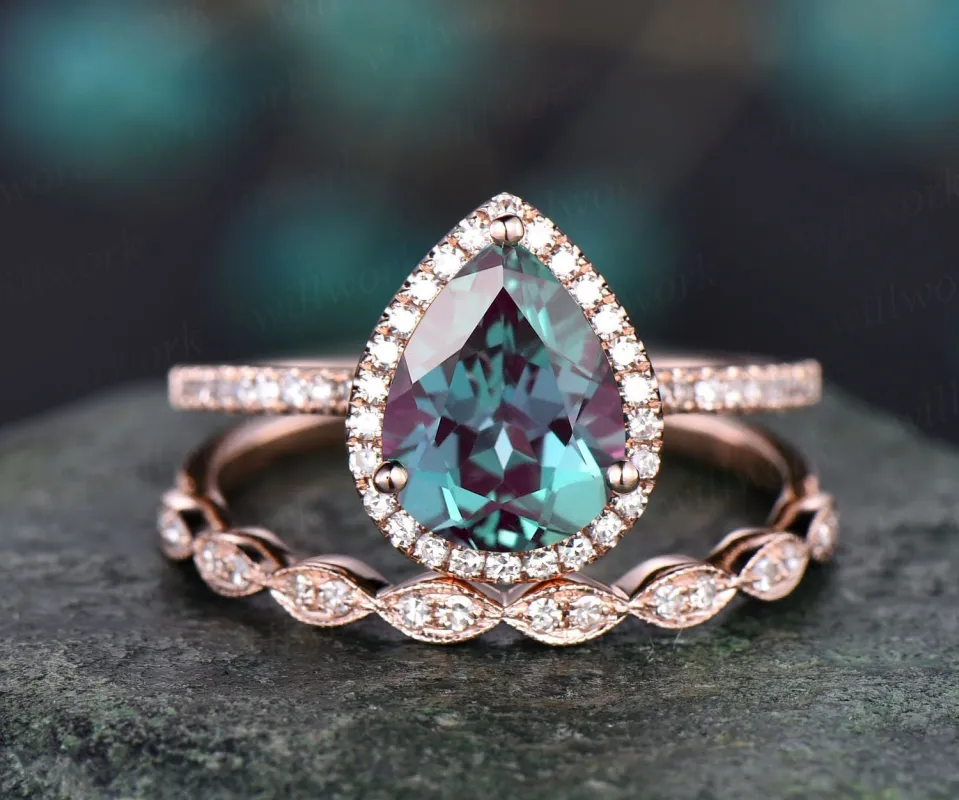 7x9mm pear Alexandrite wedding set vintage Alexandrite engagement ring set rose gold diamond halo ring women color change stone ring jewelry sold by Willwork Jewelry
