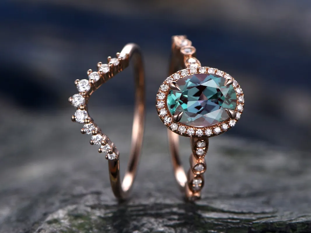 2pcs Alexandrite bridal set color change Alexandrite engagement ring set rose gold marquise diamond halo moissanite crown wedding ring band sold by Willwork Jewelry