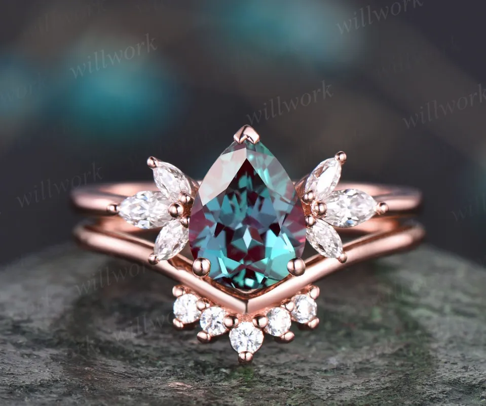 Pear shaped Alexandrite ring set women vintage Alexandrite engagement ring set unique anniversary ring set marquise moissanite ring set gift sold by Willwork Jewelry