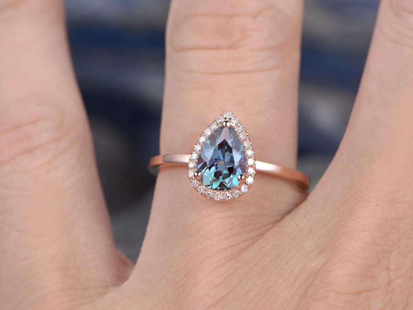 Pear cut Alexandrite engagement ring rose gold ring real diamond halo ring color change Alexandrite ring for women anniversary jewelry gift sold by Willwork Jewelry product image thumbnail 2