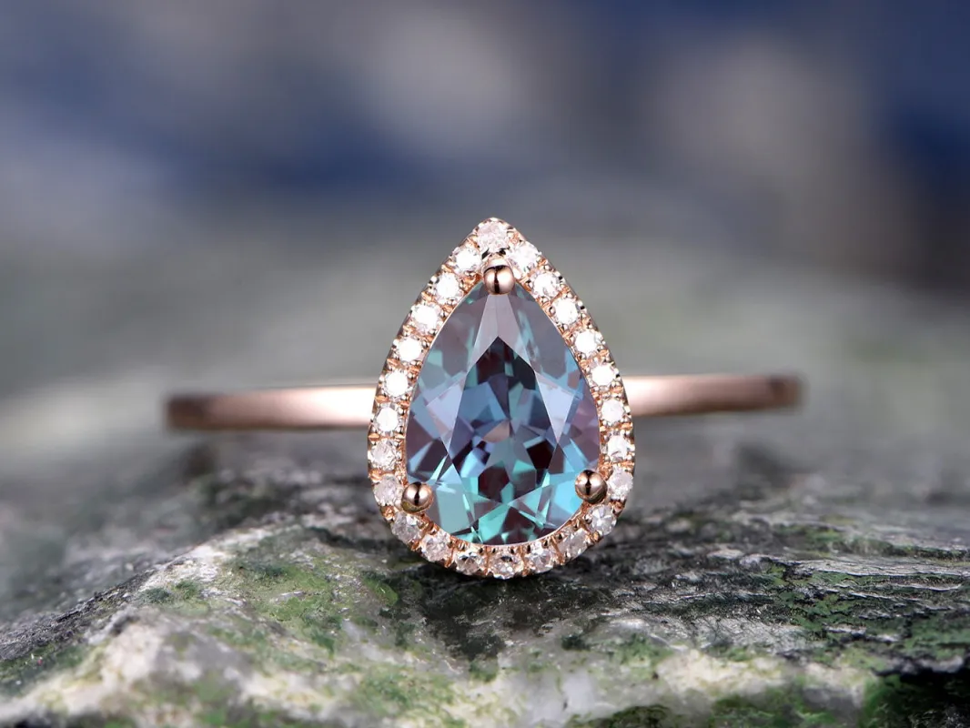Pear cut Alexandrite engagement ring rose gold ring real diamond halo ring color change Alexandrite ring for women anniversary jewelry gift sold by Willwork Jewelry