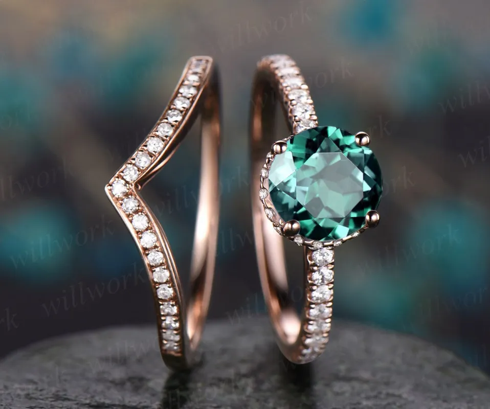 2pcs green emerald ring emerald engagement ring set rose gold vintage under moissanite halo May birthstone 2pcs wedding promise brdial ring sold by Willwork Jewelry