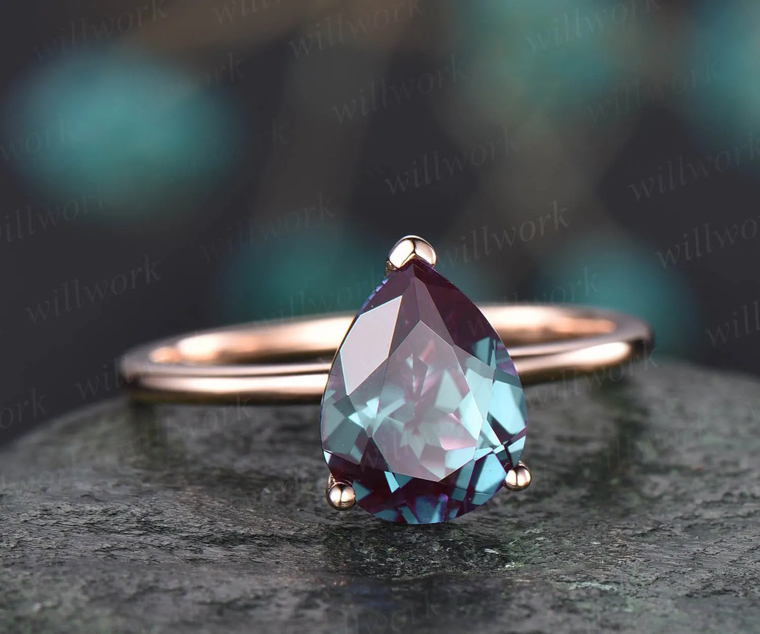 7x9mm pear Alexandrite solitaire ring solid rose gold ring Alexandrite engagement ring anniversary birthday gift wedding bridal ring jewelry sold by Willwork Jewelry