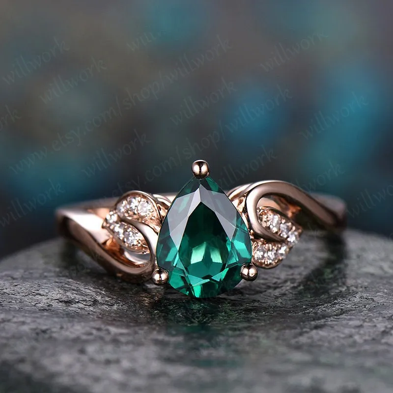 Flower antique emerald ring vintage pear cut emerald engagement ring rose gold real diamond May birthstone wedding women anniversary ring sold by Willwork Jewelry
