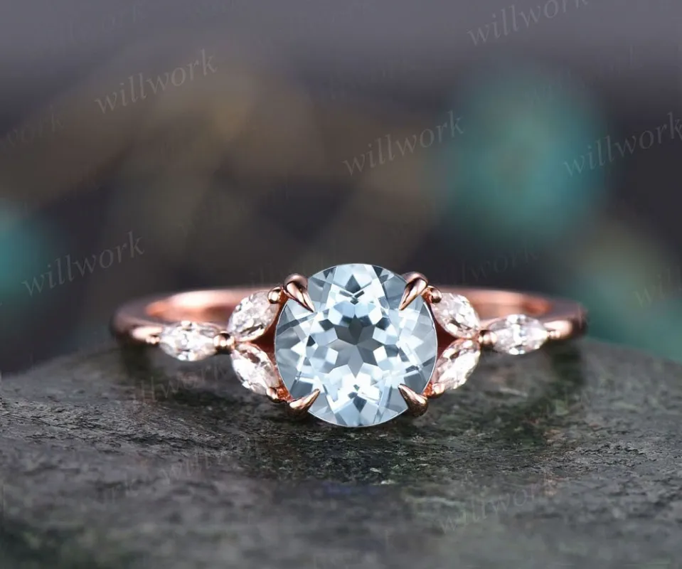 1ct round cut aquamarine engagement ring rose gold marquise moissanite ring for women March birthstone ring unique vintage bridal ring gift sold by Willwork Jewelry