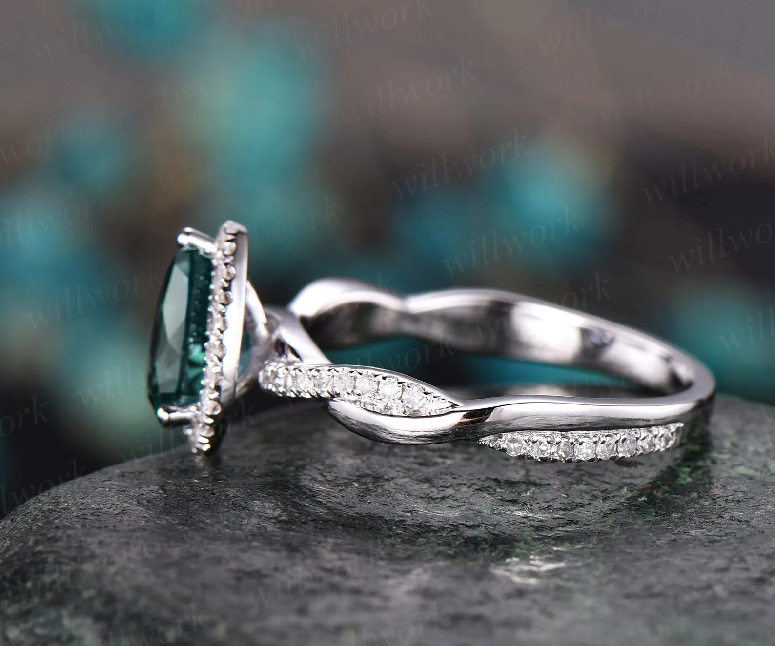 Pear cut green emerald engagement ring white gold emerald ring vintage real diamond halo ring unique May birthstone promise wedding ring sold by Willwork Jewelry product image thumbnail 4