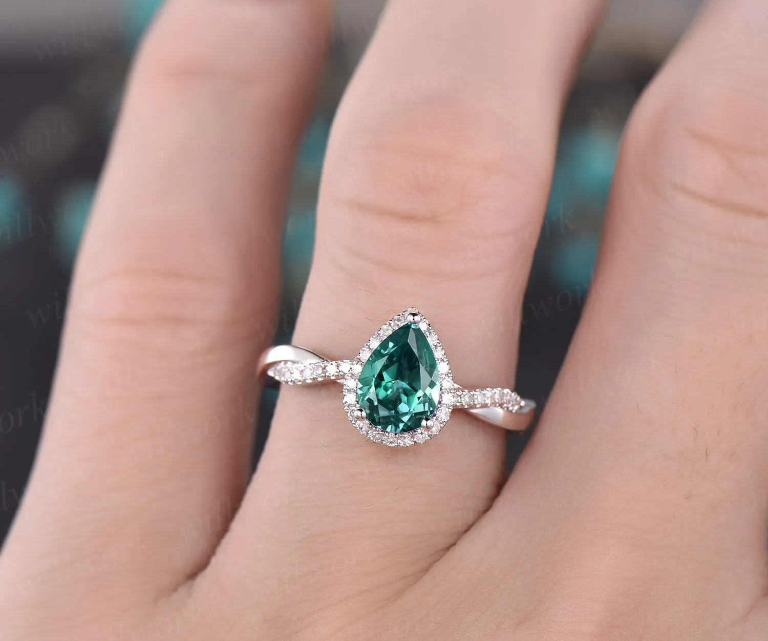 Pear cut green emerald engagement ring white gold emerald ring vintage real diamond halo ring unique May birthstone promise wedding ring sold by Willwork Jewelry product image thumbnail 2