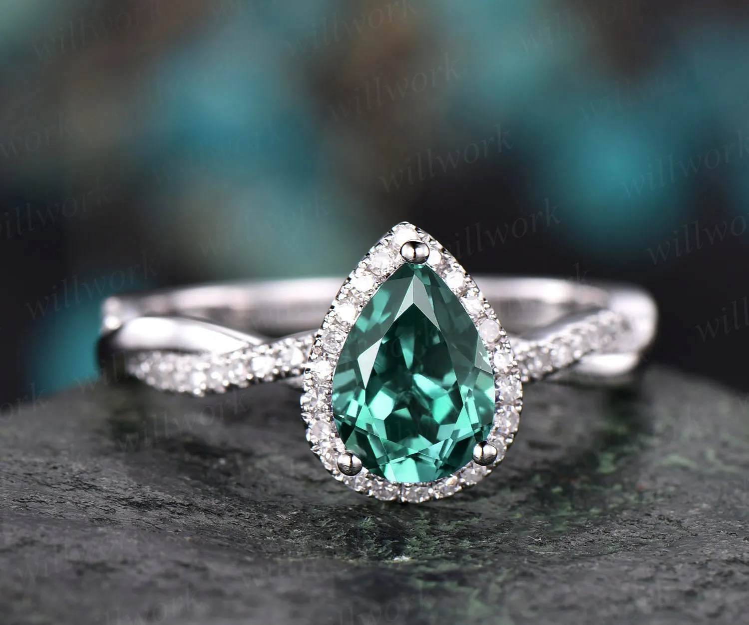 Pear cut green emerald engagement ring white gold emerald ring vintage real diamond halo ring unique May birthstone promise wedding ring sold by Willwork Jewelry
