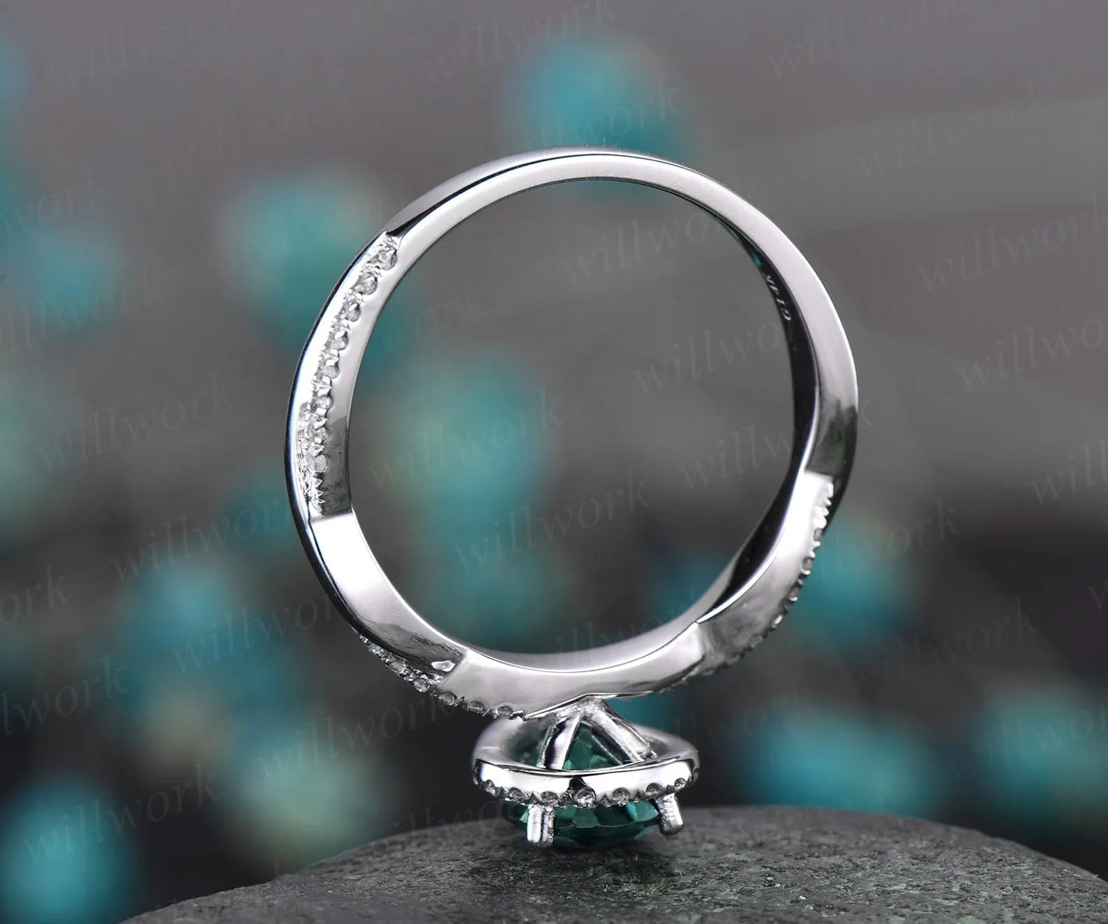 Pear cut green emerald engagement ring white gold emerald ring vintage real diamond halo ring unique May birthstone promise wedding ring sold by Willwork Jewelry product image thumbnail 5