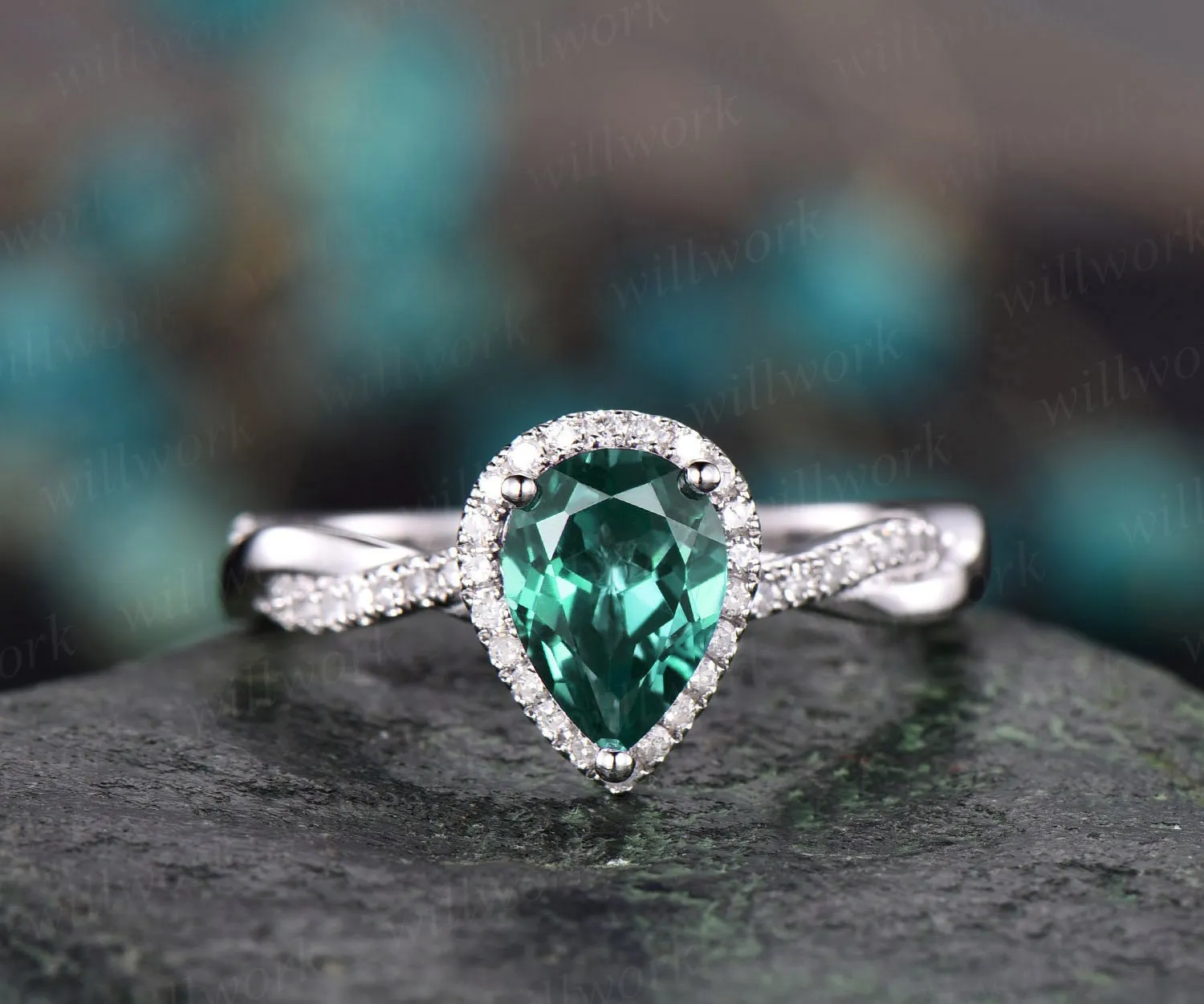 Pear cut green emerald engagement ring white gold emerald ring vintage real diamond halo ring unique May birthstone promise wedding ring sold by Willwork Jewelry product image thumbnail 3