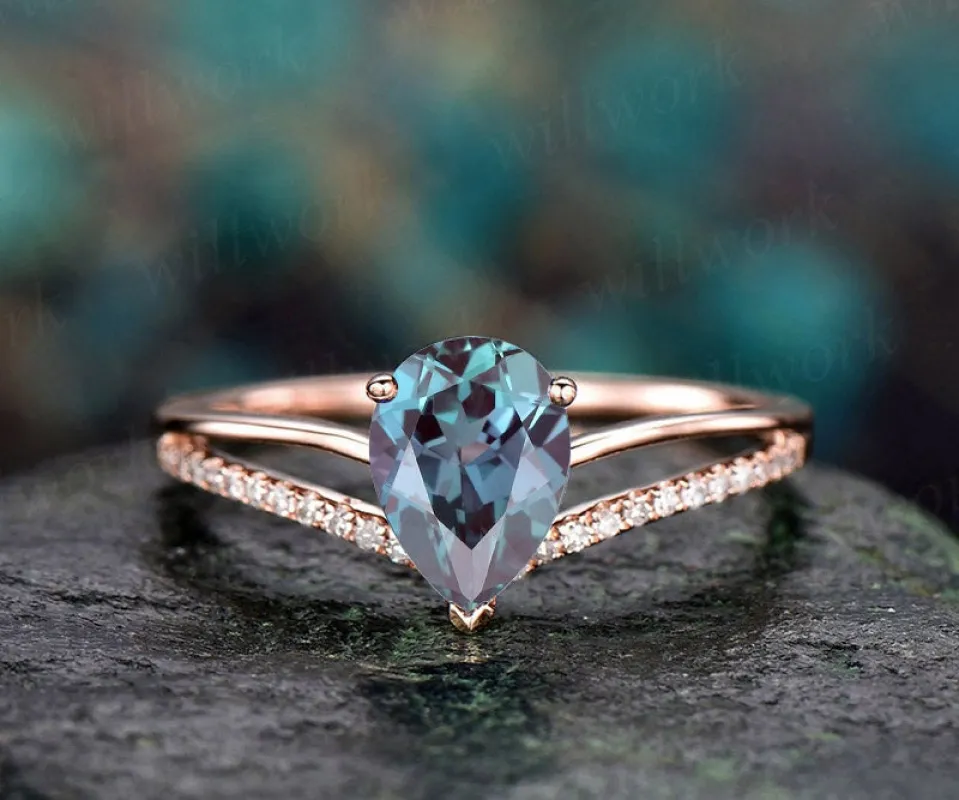 6X8mm Pear Alexandrite engagement ring rose gold diamond ring split shank stacking band gift unique antique wedding promise anniversary ring sold by Willwork Jewelry