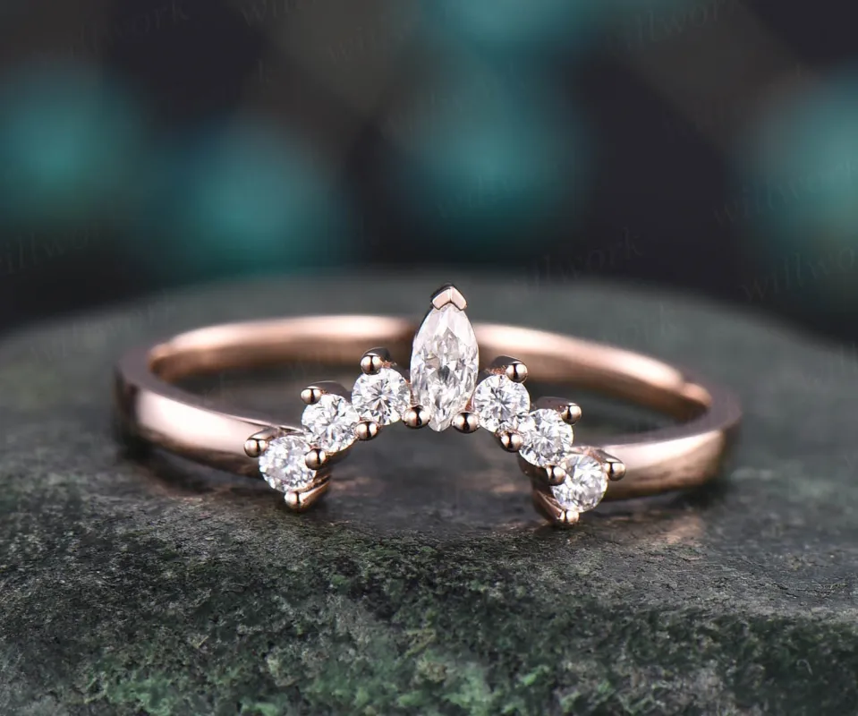 Marquise moissanite wedding ring curved crown moissanite wedding band 14k rose gold matching stacking band bridal birthday anniversary gift sold by Willwork Jewelry