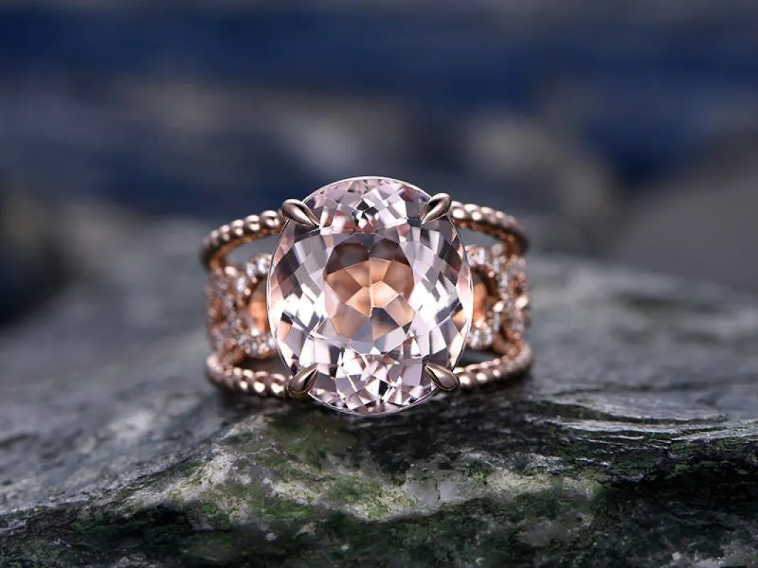 10x12mm Big Oval Morganite engagement ring- Solid 14k Rose gold  anniversary ring-Solitaire Stacking band- art deco floral promise ring made by Willwork Jewelry