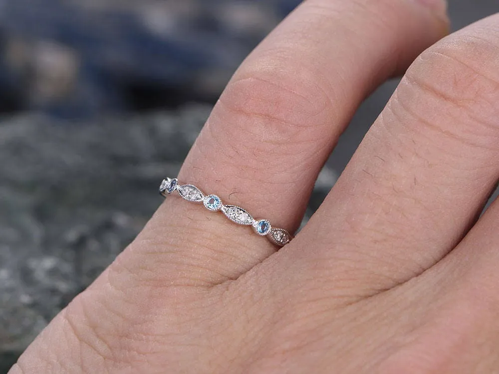 Blue topaz wedding ring 14k white gold diamond ring half eternity art deco marquise matching wedding band bridal anniversary promise ring sold by Willwork Jewelry product image thumbnail 2