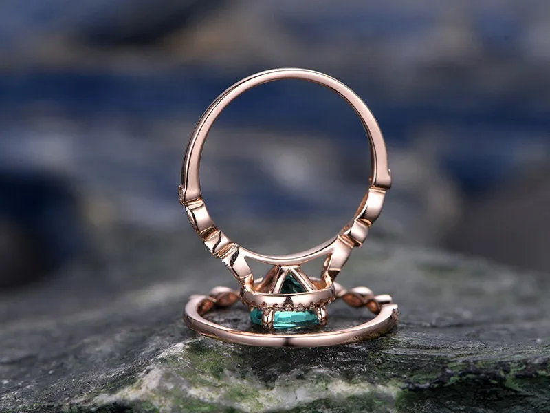 Vintage emerald engagement ring set rose gold Milgrain wedding band halo marquise diamond ring set for women unique promise ring set gift sold by Willwork Jewelry product image thumbnail 4