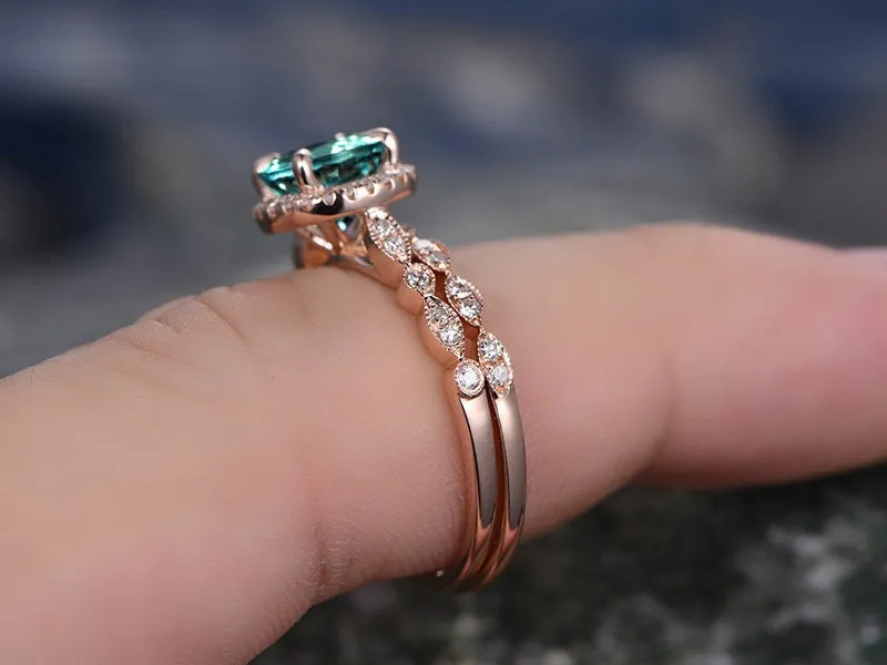 Vintage emerald engagement ring set rose gold Milgrain wedding band halo marquise diamond ring set for women unique promise ring set gift sold by Willwork Jewelry product image thumbnail 5