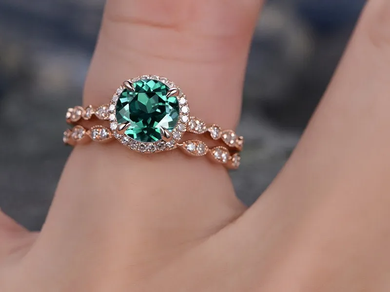 Vintage emerald engagement ring set rose gold Milgrain wedding band halo marquise diamond ring set for women unique promise ring set gift sold by Willwork Jewelry product image thumbnail 2