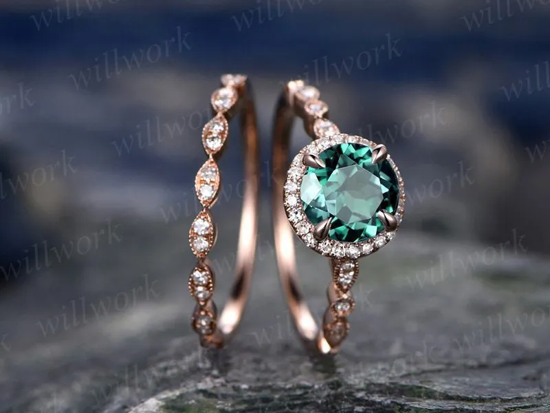 Vintage emerald engagement ring set rose gold Milgrain wedding band halo marquise diamond ring set for women unique promise ring set gift sold by Willwork Jewelry