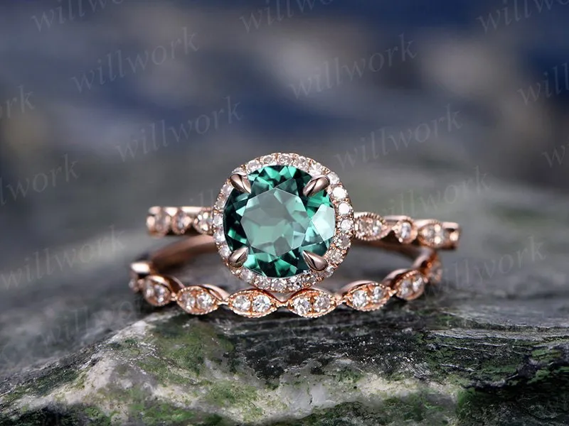 Vintage emerald engagement ring set rose gold Milgrain wedding band halo marquise diamond ring set for women unique promise ring set gift sold by Willwork Jewelry product image thumbnail 3