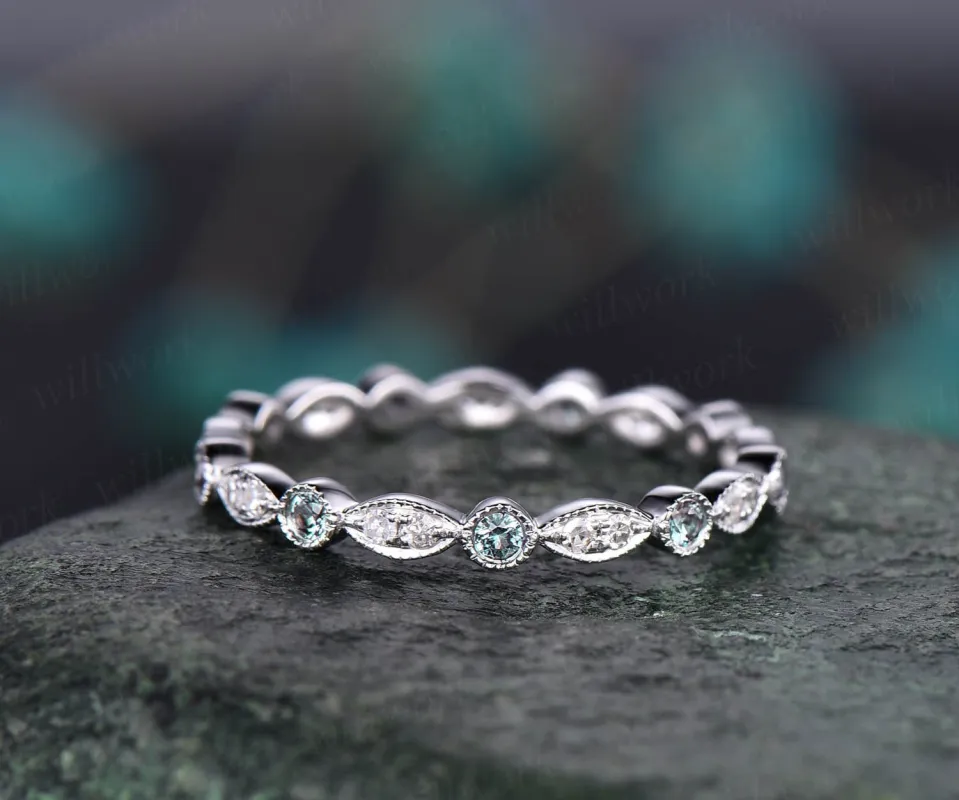 Vintage Alexandrite ring solid 14k white gold full eternity Alexandrite wedding ring band art deco diamond wedding band birthday gift made by Willwork Jewelry