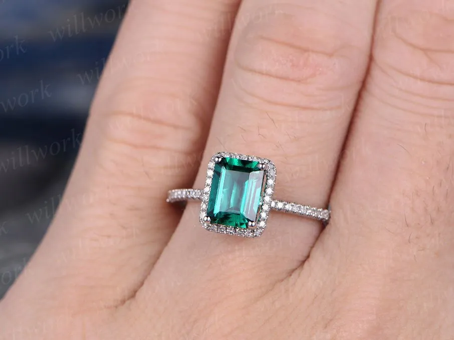 Green emerald engagement ring 14k white gold diamond halo stacking lab emerald vintage gift promise wedding bridal anniversary ring for her sold by Willwork Jewelry product image thumbnail 2