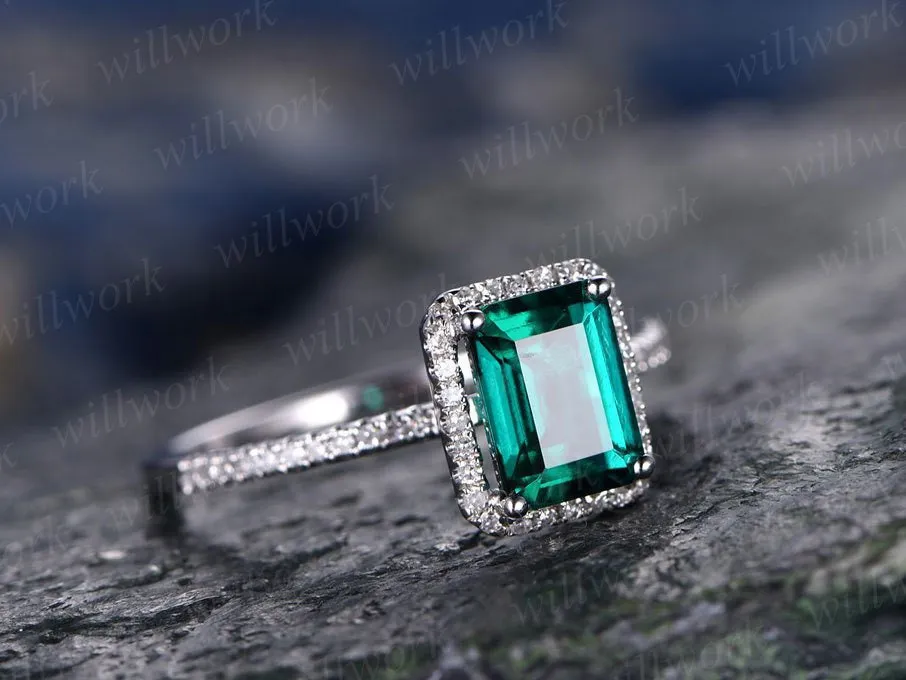 Green emerald engagement ring 14k white gold diamond halo stacking lab emerald vintage gift promise wedding bridal anniversary ring for her sold by Willwork Jewelry product image thumbnail 3