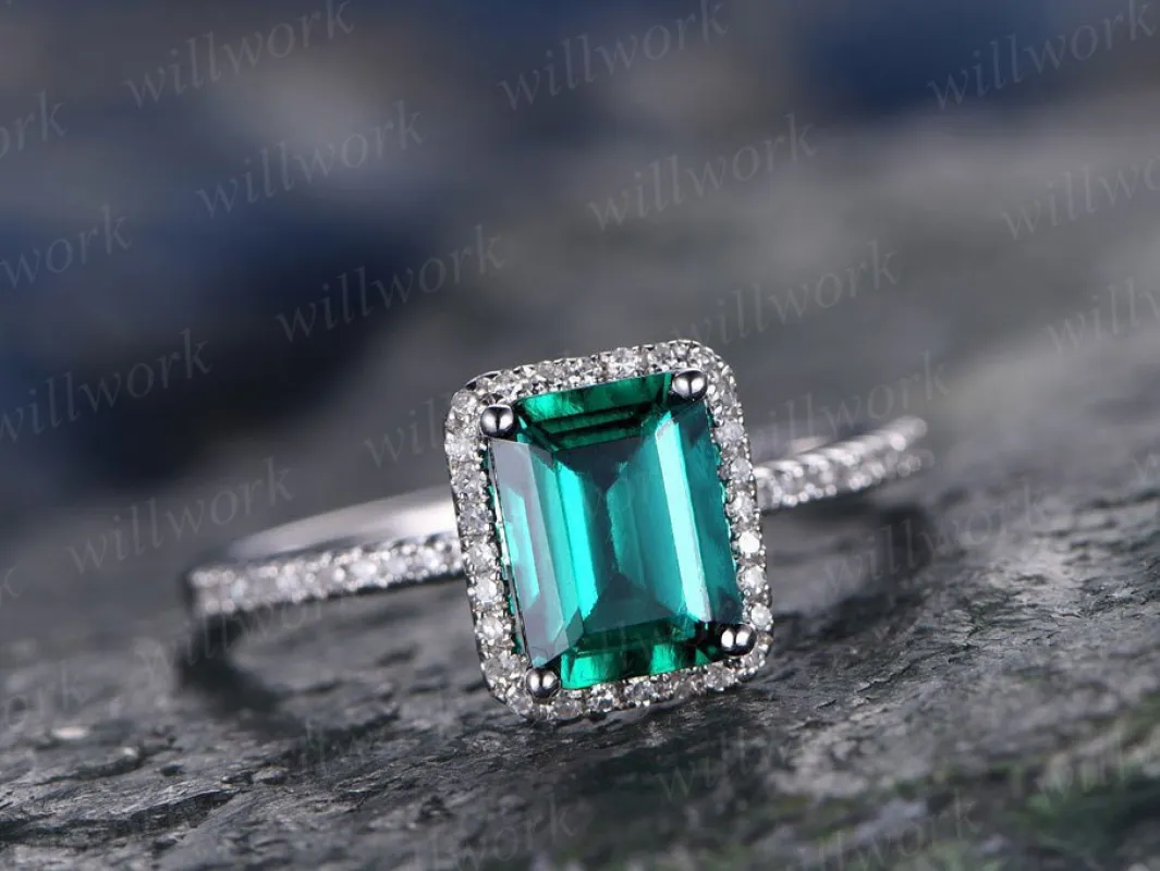 Green emerald engagement ring 14k white gold diamond halo stacking lab emerald vintage gift promise wedding bridal anniversary ring for her sold by Willwork Jewelry
