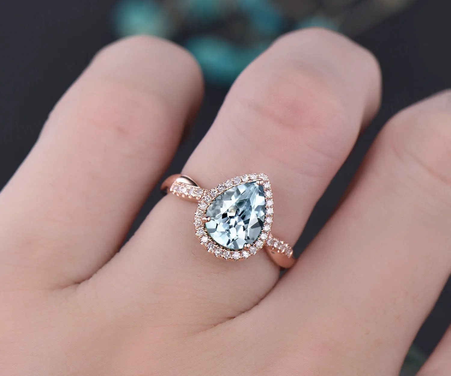 7x9mm pear aquamarine engagement ring rose gold vintage infinity diamond halo ring March birthstone gift women bridal wedding ring jewelry sold by Willwork Jewelry product image thumbnail 2