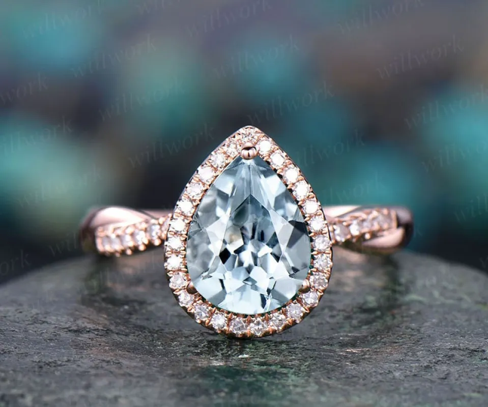 7x9mm pear aquamarine engagement ring rose gold vintage infinity diamond halo ring March birthstone gift women bridal wedding ring jewelry sold by Willwork Jewelry