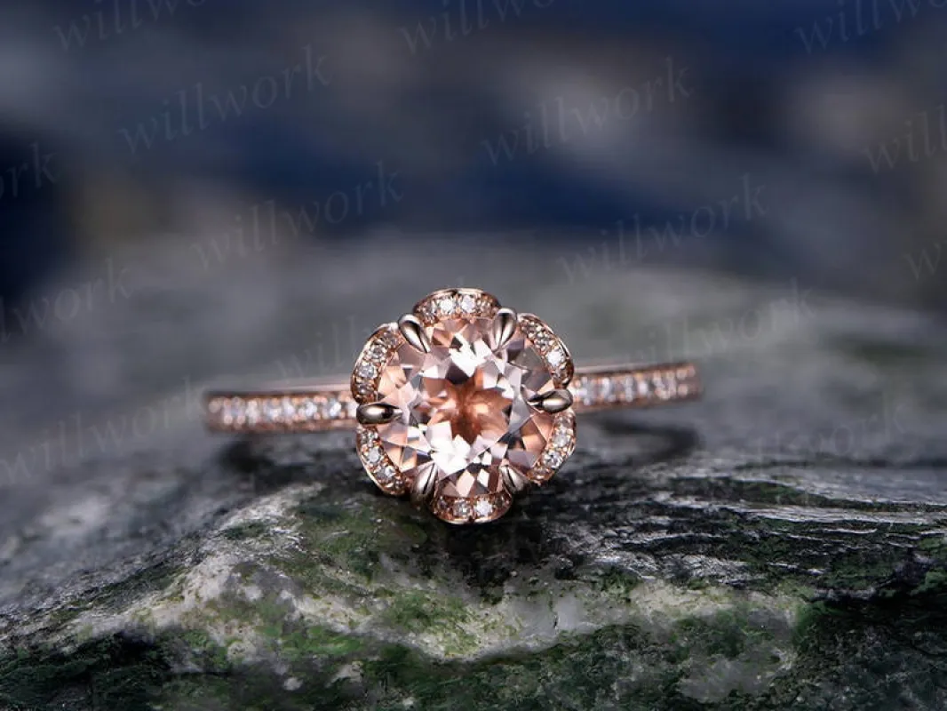 7mm morganite engagement ring solid 14k rose gold ring Real diamond halo ring art deco unique antique floral bridal wedding promise ring made by Willwork Jewelry