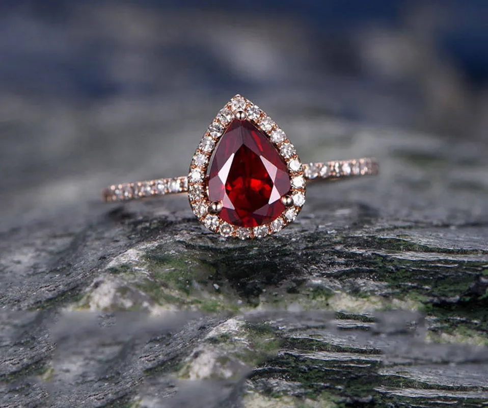 Garnet engagement ring-Solid 14k rose gold-handmade Fine halo Diamond Bridal ring-Stacking band-6x8mm tear droped cut gemstone promise ring sold by Willwork Jewelry