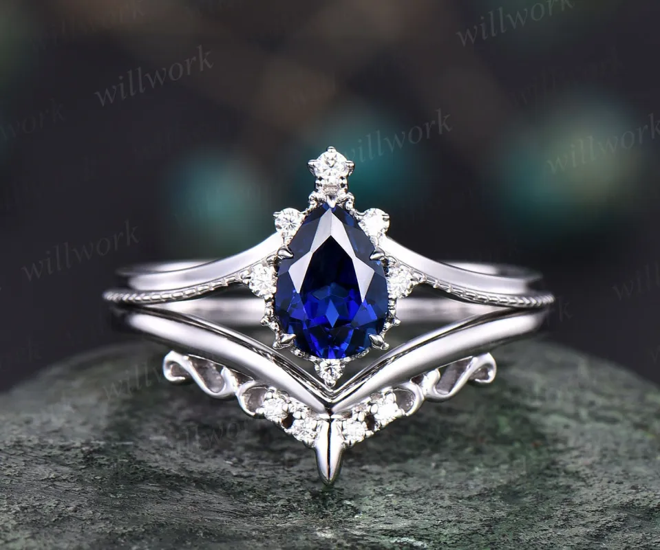 Pear shaped sapphire engagement ring set white gold cluster moissanite unique vintage style engagement ring bridal wedding ring set jewelry sold by Willwork Jewelry