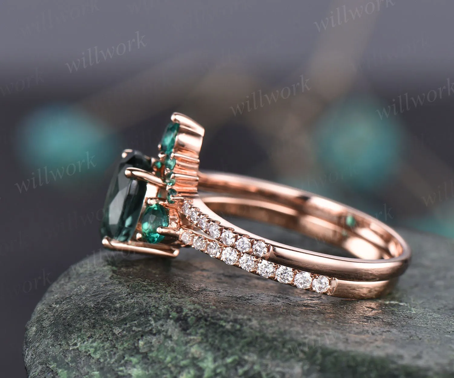 Oval moss agate ring set vintage moss agate engagement ring set eternity diamond ring unique emerald ring set rose gold ring women jewelry sold by Willwork Jewelry product image thumbnail 4