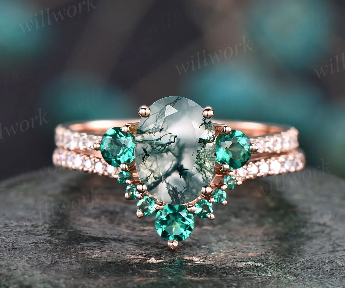 Oval moss agate ring set vintage moss agate engagement ring set eternity diamond ring unique emerald ring set rose gold ring women jewelry sold by Willwork Jewelry