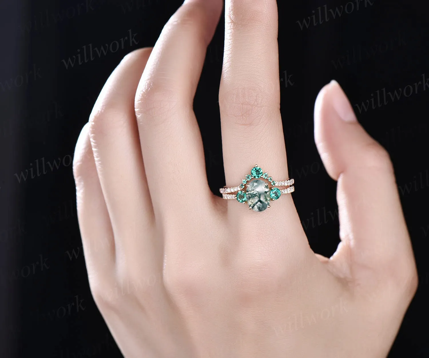 Oval moss agate ring set vintage moss agate engagement ring set eternity diamond ring unique emerald ring set rose gold ring women jewelry sold by Willwork Jewelry product image thumbnail 2