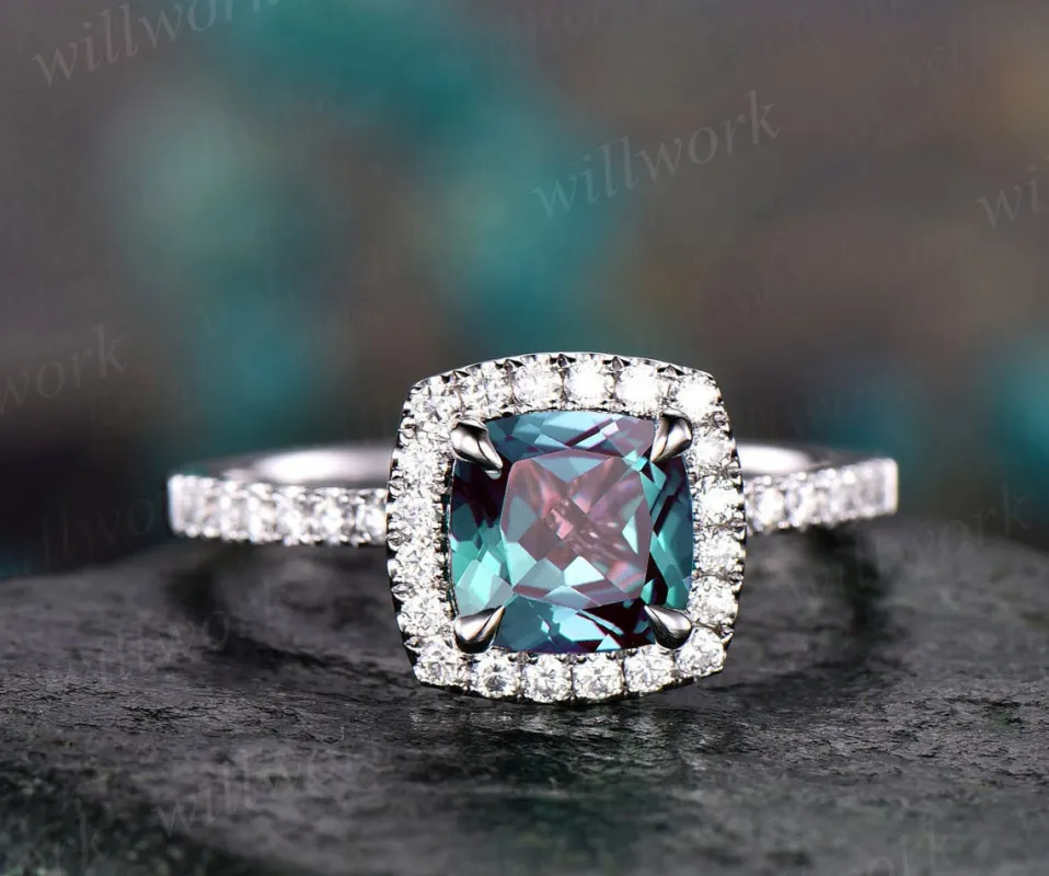 7mm cushion Alexandrite engagement ring white gold halo ring color change Alexandrite ring for women vintage rose gold dainty jewelry gift sold by Willwork Jewelry