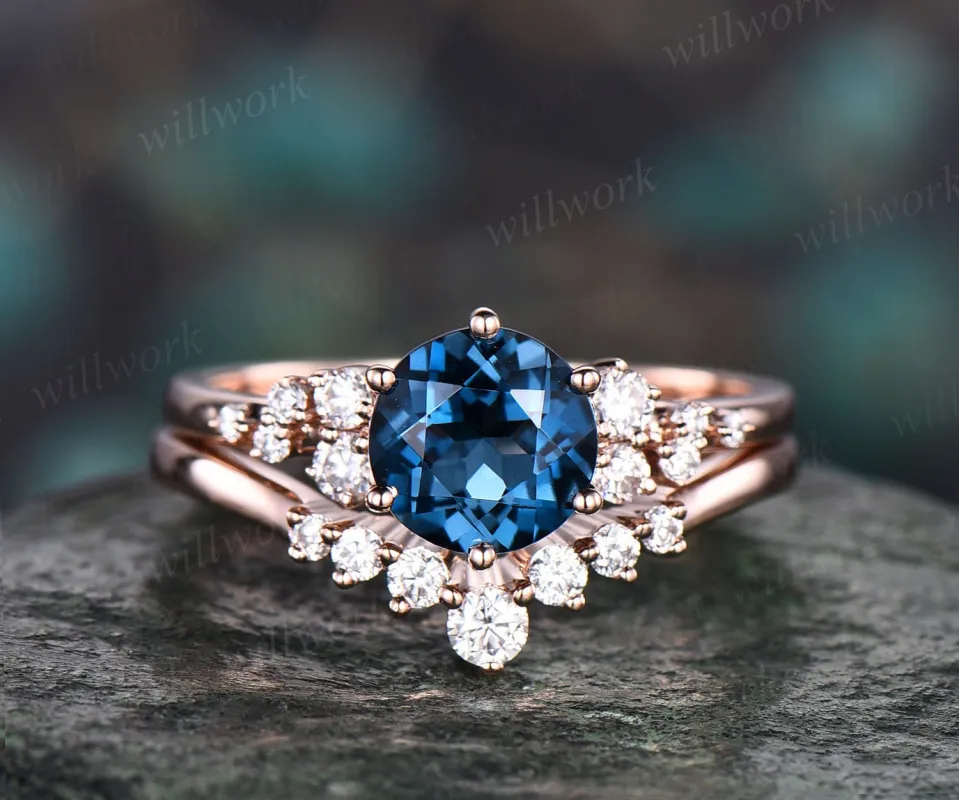 Unique round London blue topaz engagement ring set 14k rose gold moissanite wedding ring set topaz ring for women anniversary ring set gifts made by Willwork Jewelry