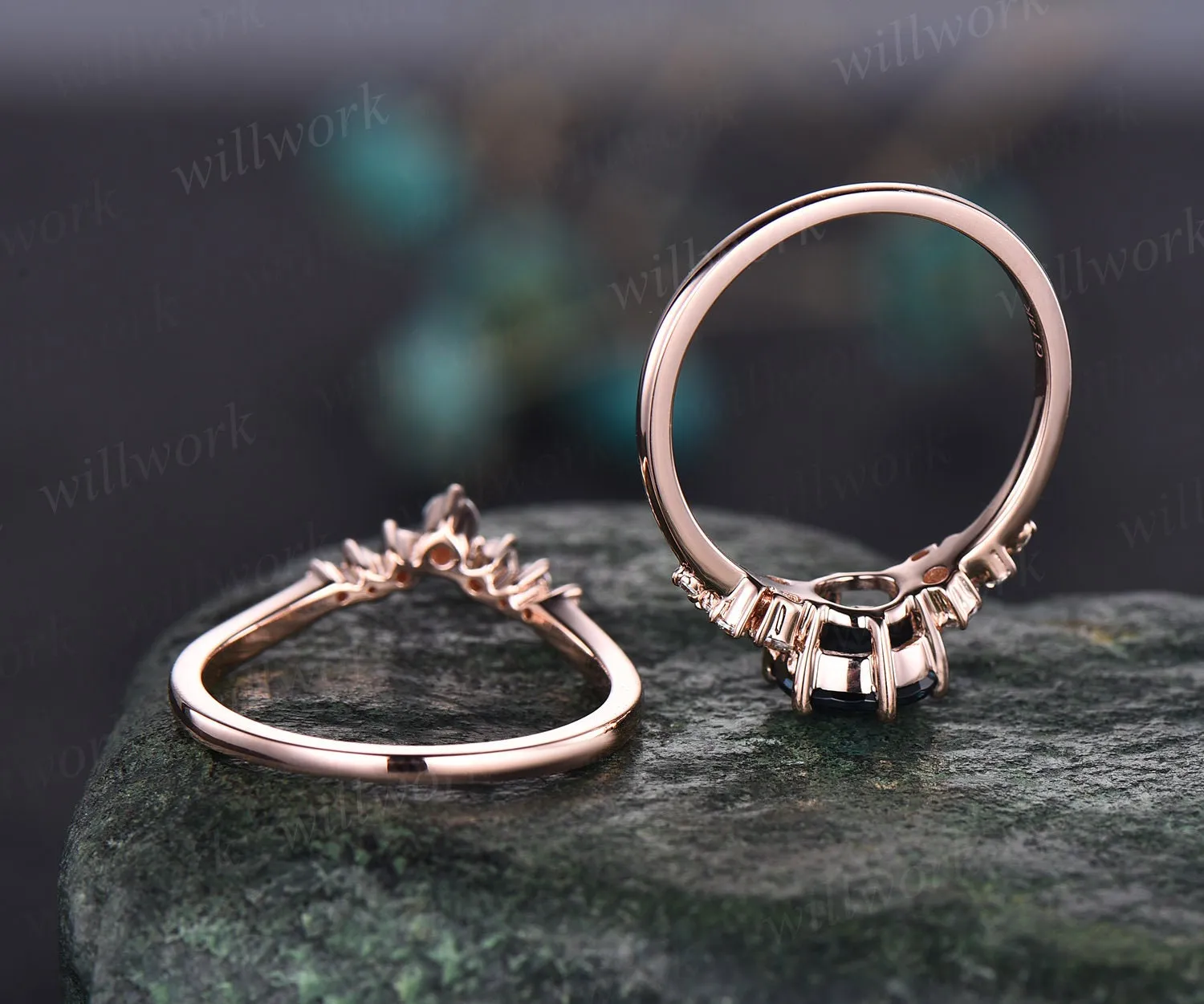 Unique round London blue topaz engagement ring set 14k rose gold moissanite wedding ring set topaz ring for women anniversary ring set gifts sold by Willwork Jewelry product image thumbnail 5