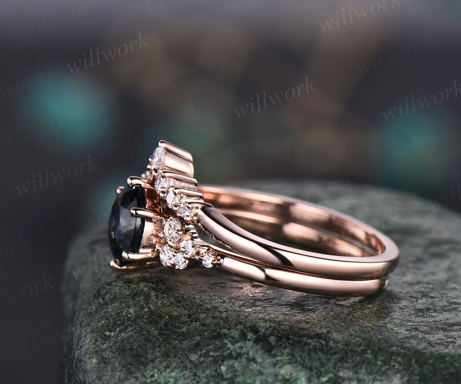 Unique round London blue topaz engagement ring set 14k rose gold moissanite wedding ring set topaz ring for women anniversary ring set gifts sold by Willwork Jewelry product image thumbnail 4