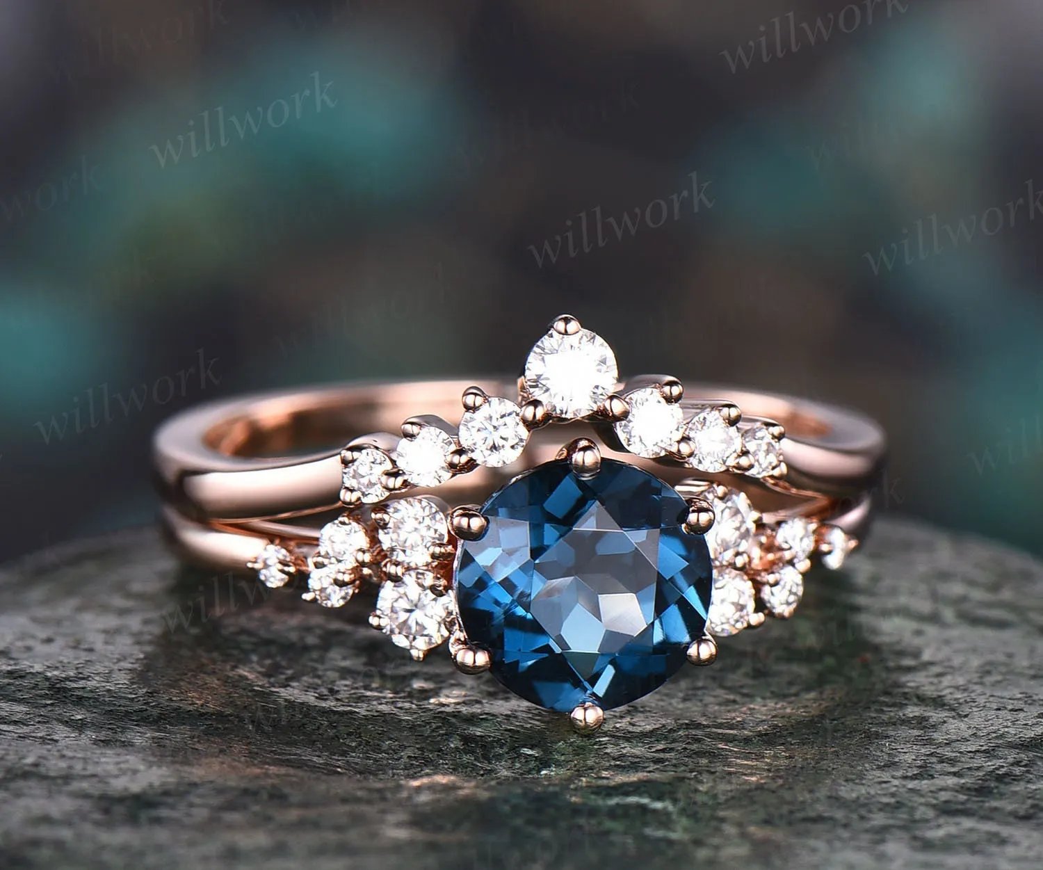 Unique round London blue topaz engagement ring set 14k rose gold moissanite wedding ring set topaz ring for women anniversary ring set gifts sold by Willwork Jewelry product image thumbnail 3