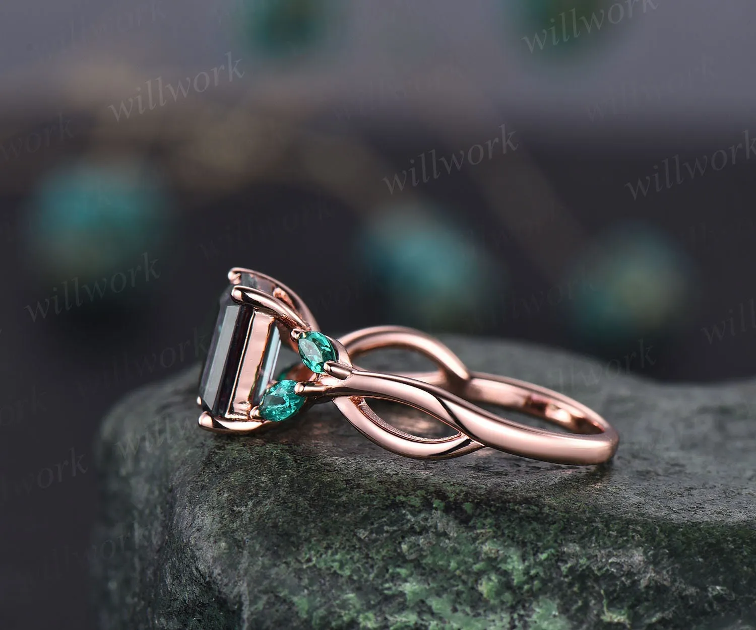 Emerald cut moss agate engagement ring five stone unique vintage marquise emerald rose gold engagement ring twisted wedding ring for women sold by Willwork Jewelry product image thumbnail 5