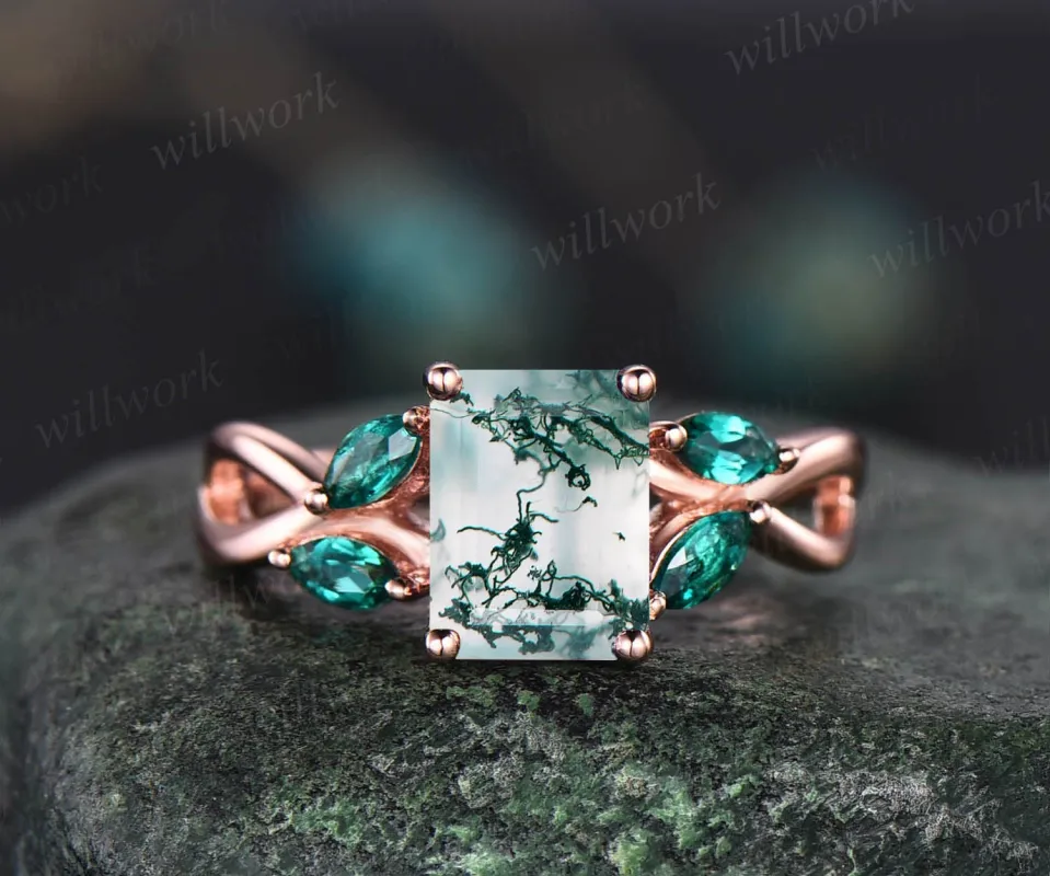 Emerald cut moss agate engagement ring five stone unique vintage marquise emerald rose gold engagement ring twisted wedding ring for women sold by Willwork Jewelry
