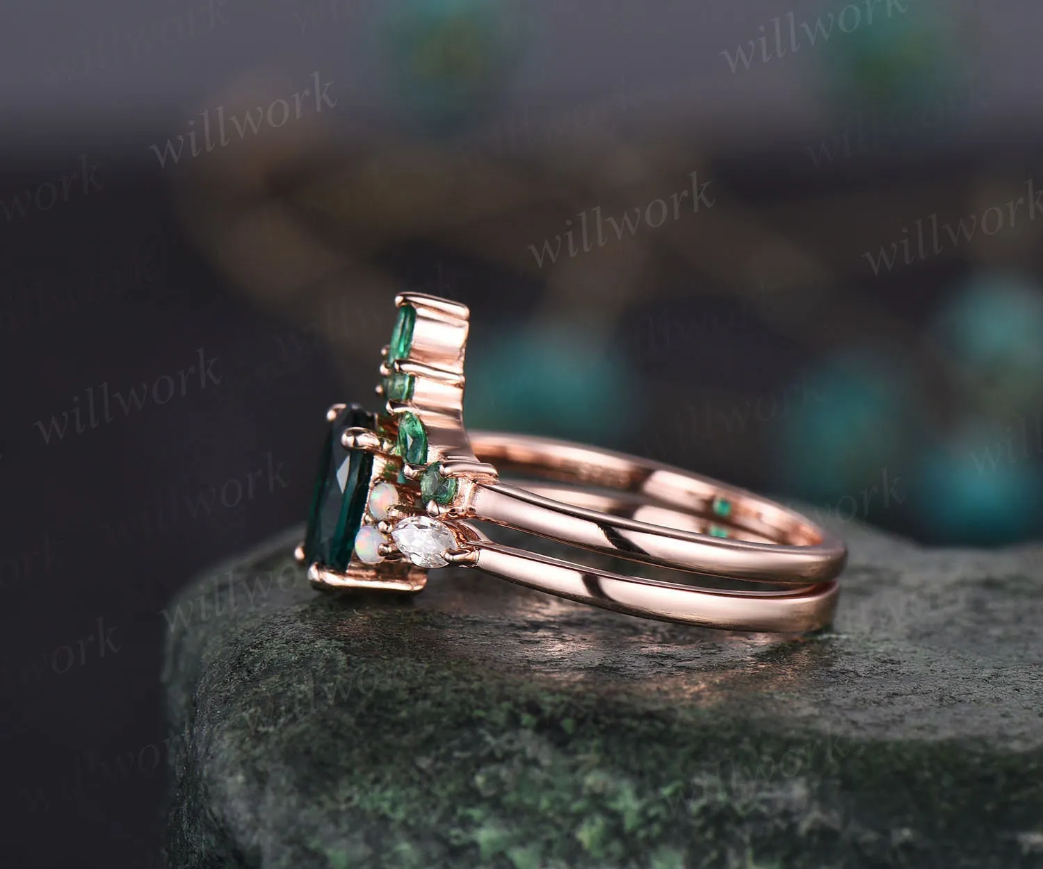 Oval Alexandrite engagement ring set vintage art deco opal ring gold emerald ring band marquise moissanite ring for women bridal ring set sold by Willwork Jewelry product image thumbnail 4
