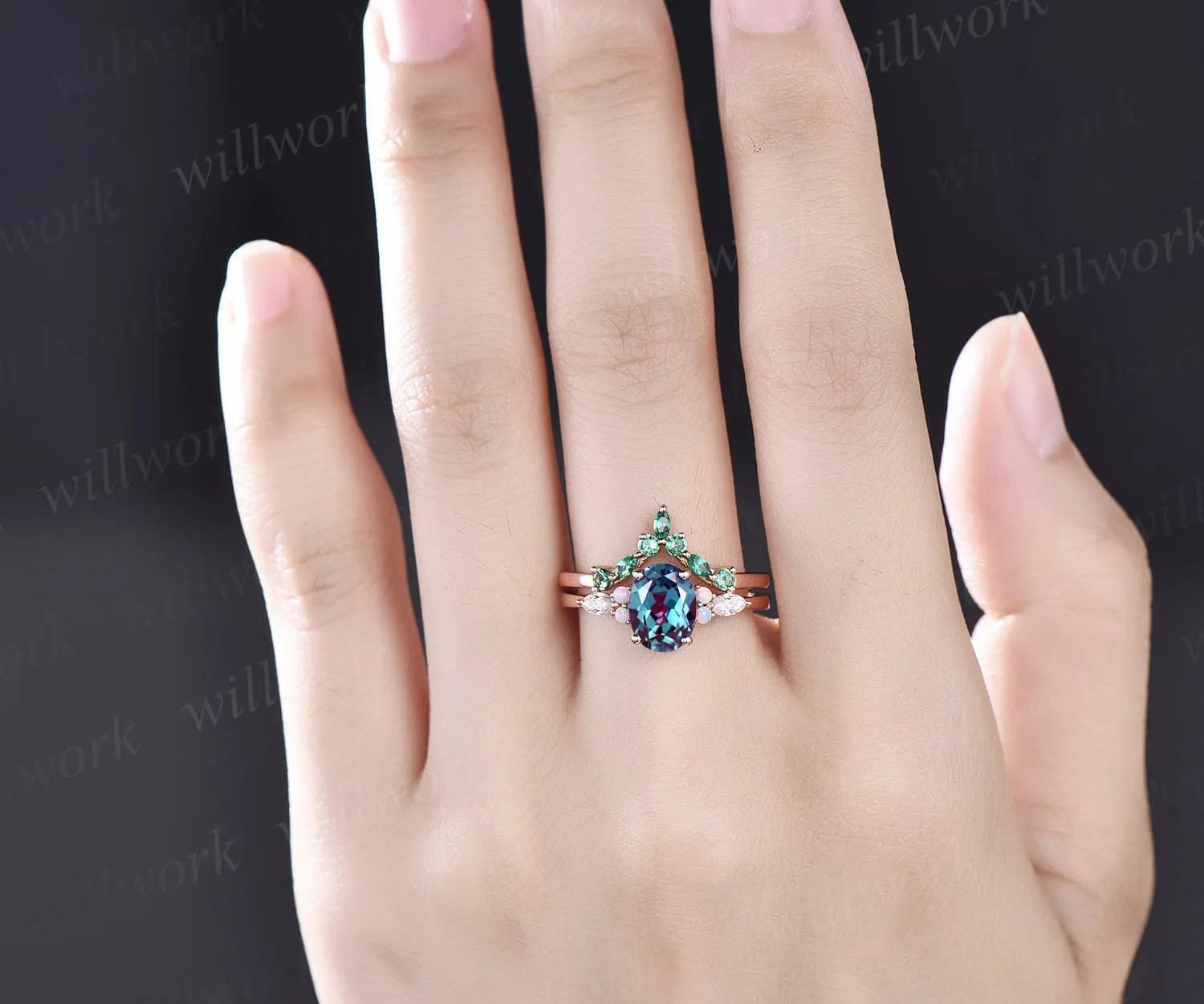 Oval Alexandrite engagement ring set vintage art deco opal ring gold emerald ring band marquise moissanite ring for women bridal ring set sold by Willwork Jewelry product image thumbnail 2