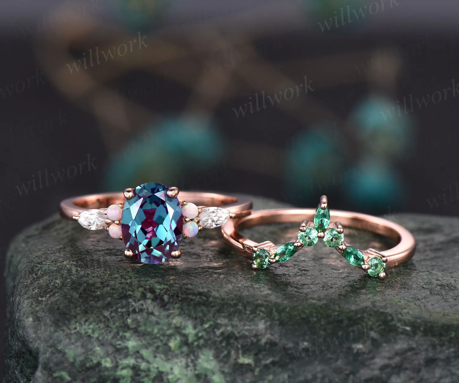 Oval Alexandrite engagement ring set vintage art deco opal ring gold emerald ring band marquise moissanite ring for women bridal ring set sold by Willwork Jewelry product image thumbnail 3