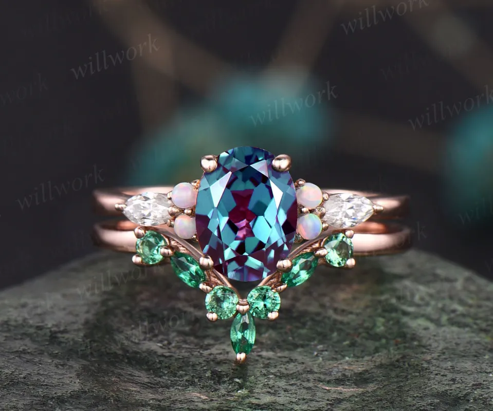 Oval Alexandrite engagement ring set vintage art deco opal ring gold emerald ring band marquise moissanite ring for women bridal ring set sold by Willwork Jewelry