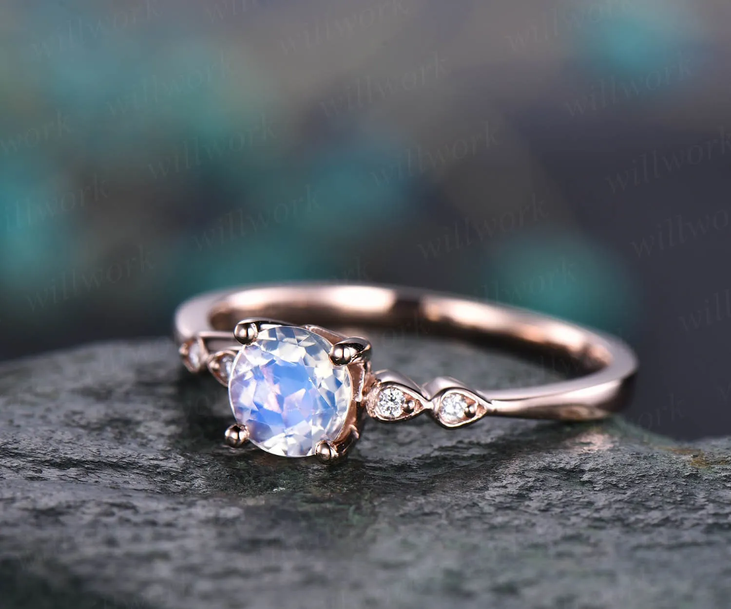 Round moonstone engagement ring 14k rose gold teardrop vintage unique five stone diamond engagement ring wedding anniversary ring for women sold by Willwork Jewelry product image thumbnail 3
