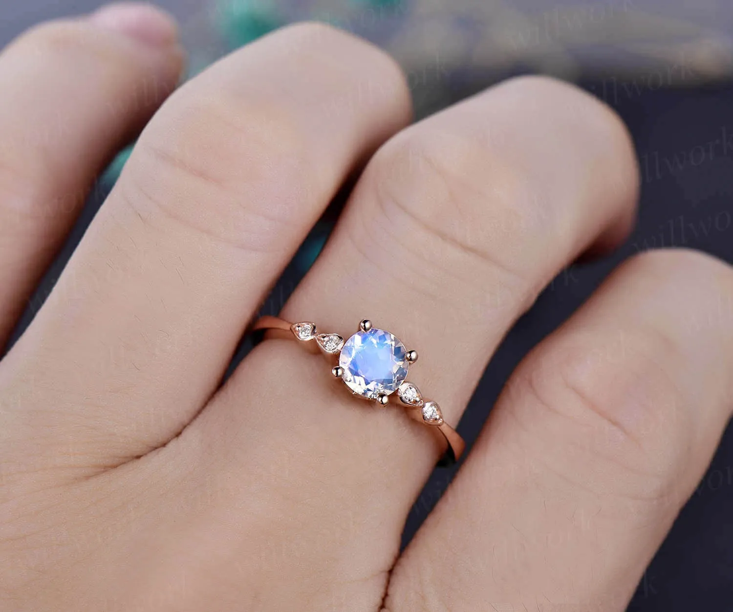 Round moonstone engagement ring 14k rose gold teardrop vintage unique five stone diamond engagement ring wedding anniversary ring for women sold by Willwork Jewelry product image thumbnail 2
