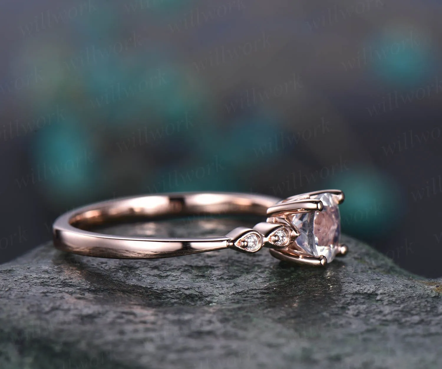 Round moonstone engagement ring 14k rose gold teardrop vintage unique five stone diamond engagement ring wedding anniversary ring for women sold by Willwork Jewelry product image thumbnail 4